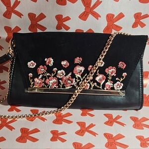 Floral Embroidered Black Clutch